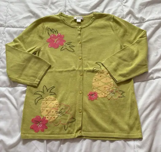 Vintage Y2K Retro Womens Medium 3/4 Sleeve Tropical Pineapple Floral Cardigan Green