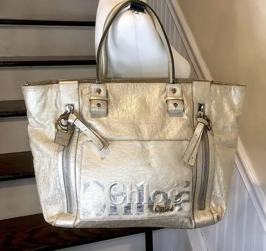 Chloé CHLOE Eclipse Oversized Ivory Silver Gold Tote Shoulder Bag Exterior Zip Pockets