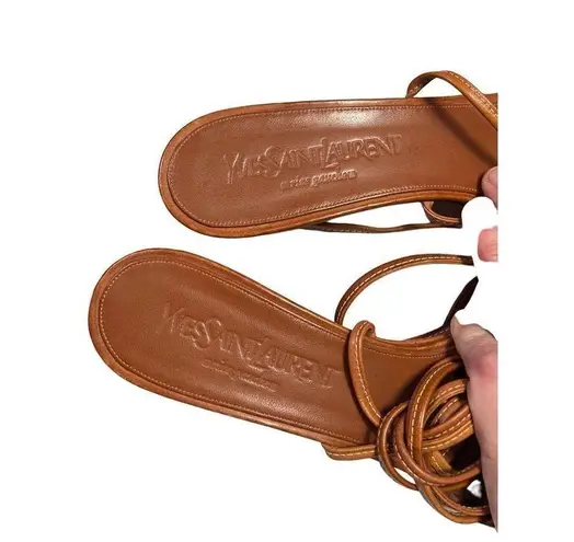 Rare Yves Saint Laurent Camel Leather Open Toe Wedge Sandals Strappy Women 41 Brown Size 10
