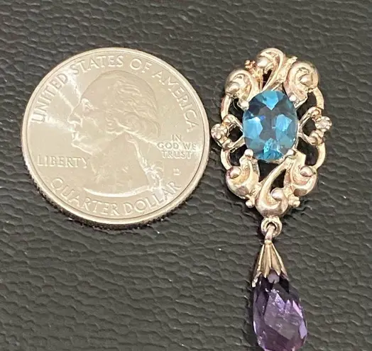 Sterling Silver Vintage 925 Signed Blue Topaz Amethyst Teardrop Pendant 3.9g