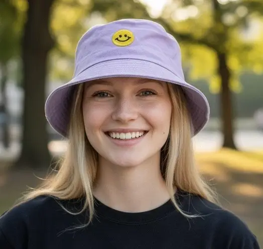 Smiley Patched Bucket Hat Unisex One Size Purple Smile Emoji Beach Hiking Casual