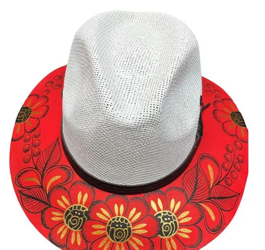 HAT MEXICAN Artisanal Hand Painted Fedora Floral Sombrero Panama Bohemian Red