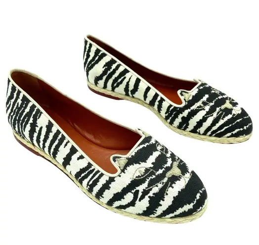 Charlotte Olympia Kitty Cat Capri Zebra Espadrille Flats, EU 37.5 US 7-7.5