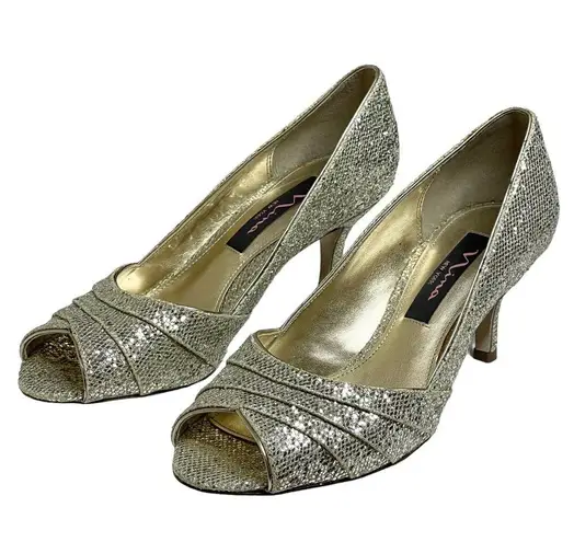 Nina new 𖦹 Sparkly Glittery Peep Toe Kitten Heels 𖦹 Champagne Gold 𖦹 6.5M 𖦹