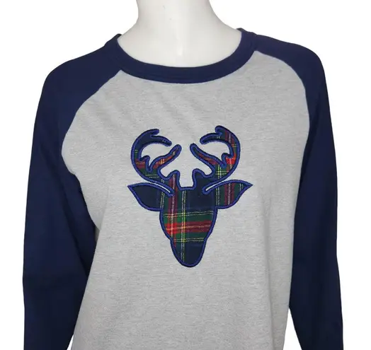 Sport-tek Womens Christmas Plaid Deer Embroidered Baseball Tee Gray Blue Medium