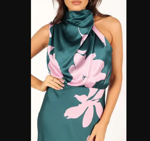 Petal and Pup Anabelle Green & Pink Floral Satin Halter Neck Midi Dress L