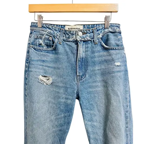 Reformation  Cropped Cigarette savu jeans Distressed Ripped Knee Denim Light Wash