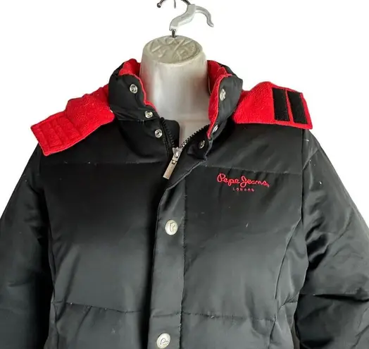 Pepe Jeans London UK red black removable hood full length puffer jacket Size S