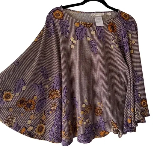 The Muses Lounge Purple Floral Stripe Knit Tunic Top Womens XL Flare Sleeve Boho
