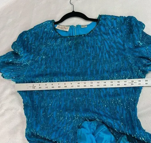 Laurence Kazar Vintage 80s Turquoise Sequin Shiny 100% Silk Dress