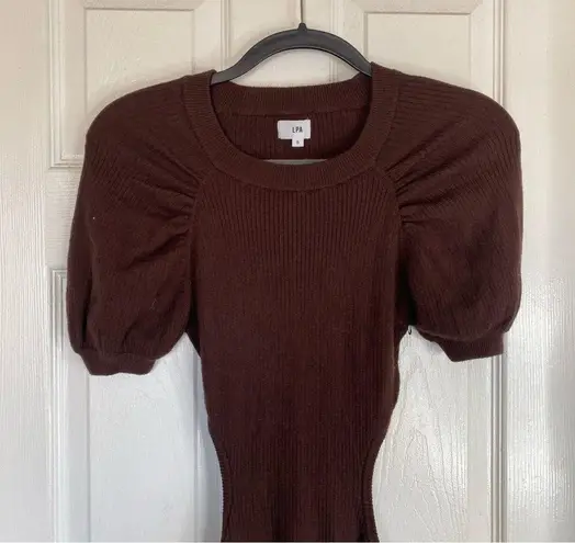 LPA Clementine Cutout Midi Dress Chocolate Brown Ribbed Knit Puff Sleeve Small