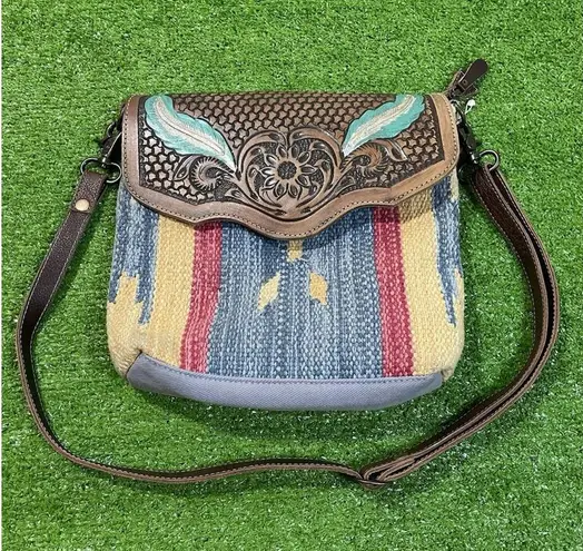Myra Bags Purse Western Leather Cotton Carve Aztec Crossbody Hand Bag Brown