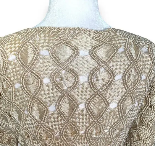 Vintage Inca Boutique Top Tan Open Weave Sheer Vneck Short Sleeve Art To Wear