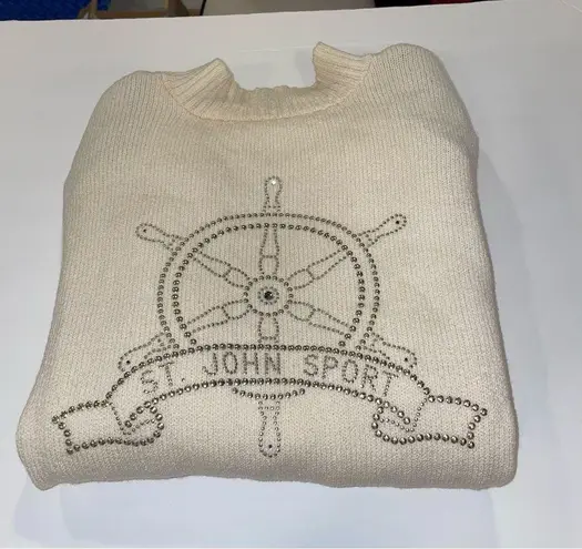 Vintage 80’s St. John santana knit creamy mock neck sweater nautical bling Silver Size L