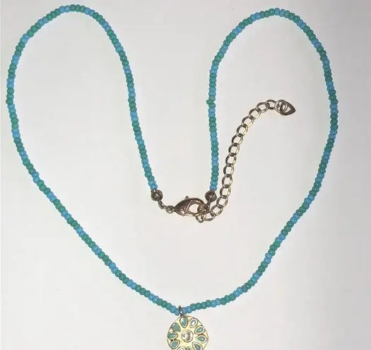 Blue Teal Green Seed Bead Beaded Dainty Flower Pendant Necklace