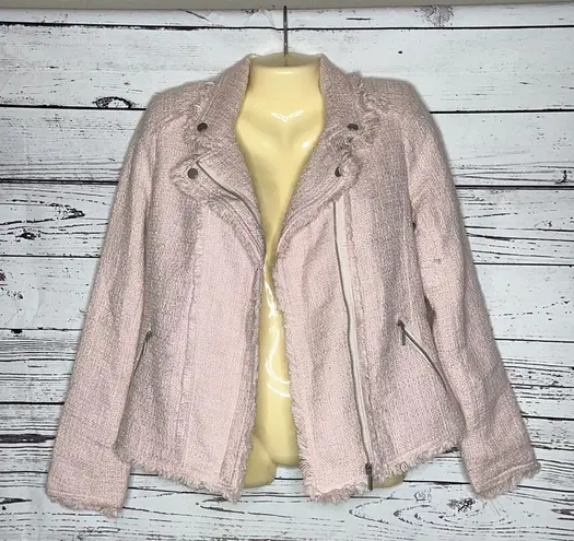 Belle Vere Size S Pink Tweed Fringe Trim Moto Blazer Jacket
