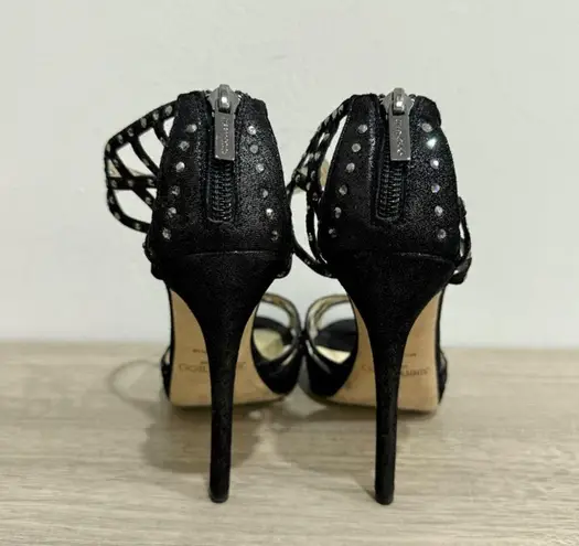 Jimmy Choo Metallic Leather Crystal Embellished Cut Out Strappy Sandals Black 39