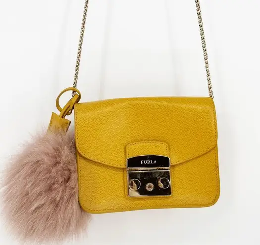 Furla Metropolis Small Crossbody Bag Chain Strap Leather Yellow with Fur Keyring