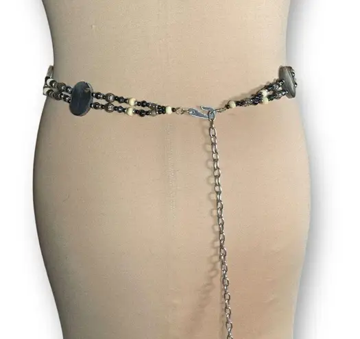 Vintage Reversible Beaded Belt Wood Accents Adjustable Chain Clasp Statement Black