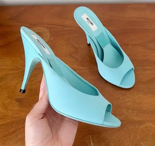 Moschino x Barbie • turquoise stiletto mules heels sandals peep toe