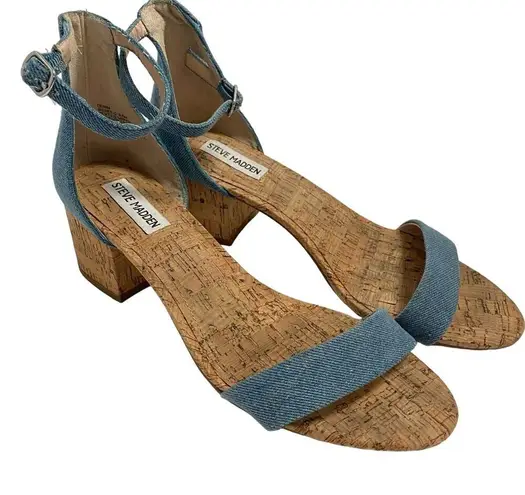 Steve Madden  Irenee C Denim Ankle Strap Cork Block Heels Women's Size 9.5 M