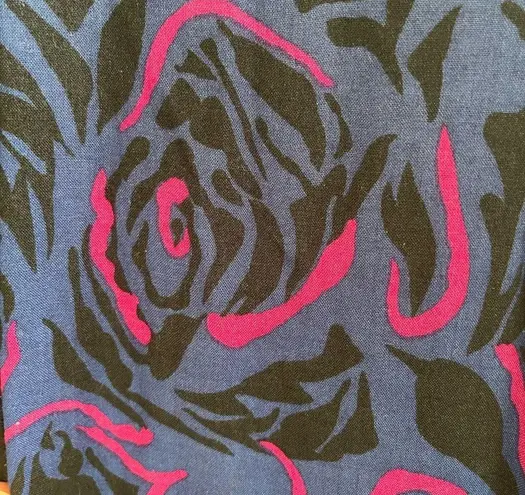 Vintage 80s Harvey Celler Blue Pink Rose Floral Drop Waist Dress w Neck Tie M Size M