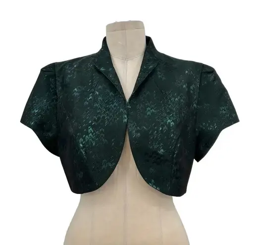 Theia Green Jacquard Cropped Evening Jacket Short Sleeve Size 14 Green