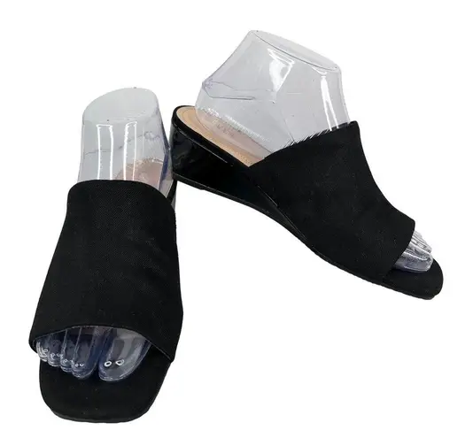 NYDJ Claudine Wedge Mule Sandals Black Canvas Slip-on 8 Patent Wedge New