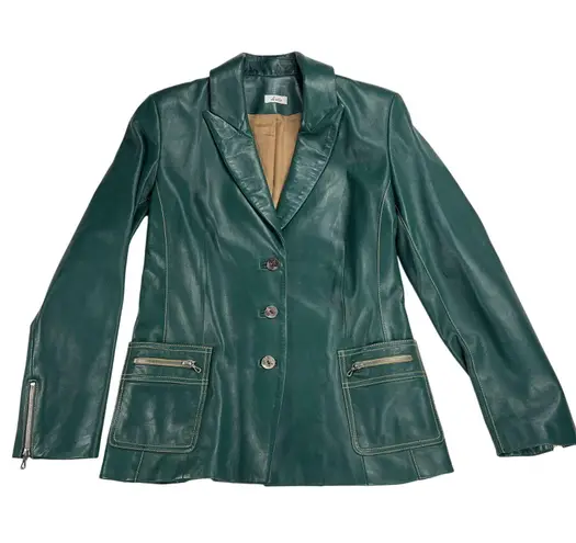 Di Vita Green Buttery Soft Italian Leather Blazer Contrast Stitch Zippers Size 6