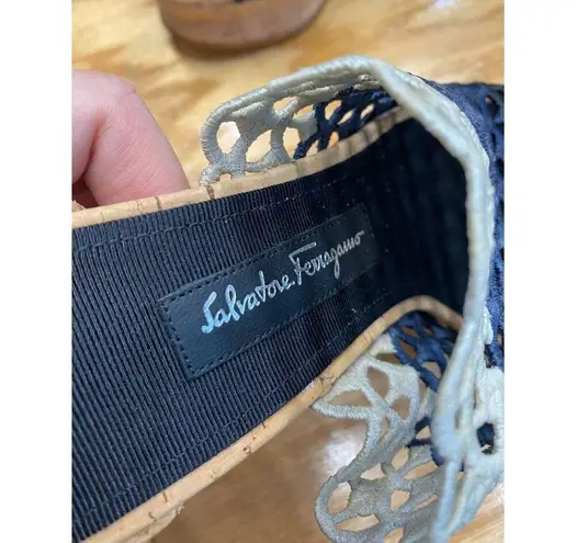 Salvatore Ferragamo SAJA Platform Sandal Womens 7.5 Blue Block Heel Slip-On S27