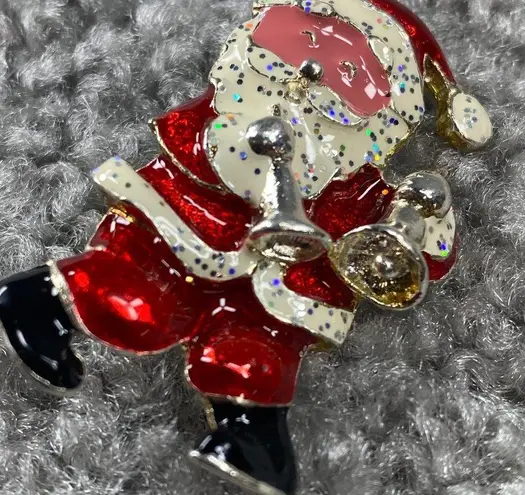 Christmas Santa Jewelry Pin Brooch Playing Horns Metal Glitter Enamel Paint