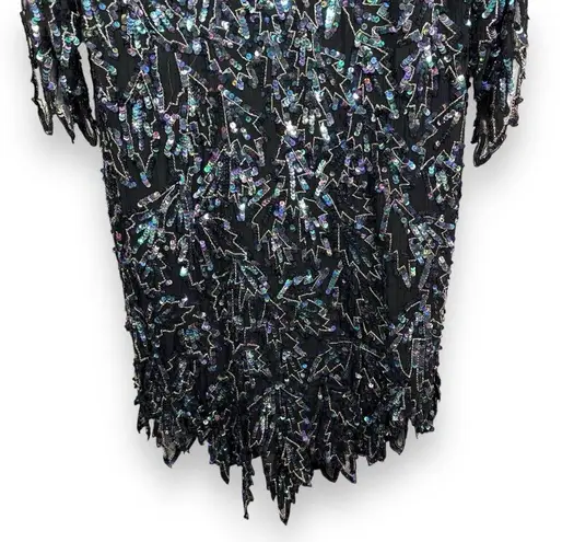 Vintage Saint Honore Black Iridescent Sequin Beaded Flapper Great Gatsby Dress Size M