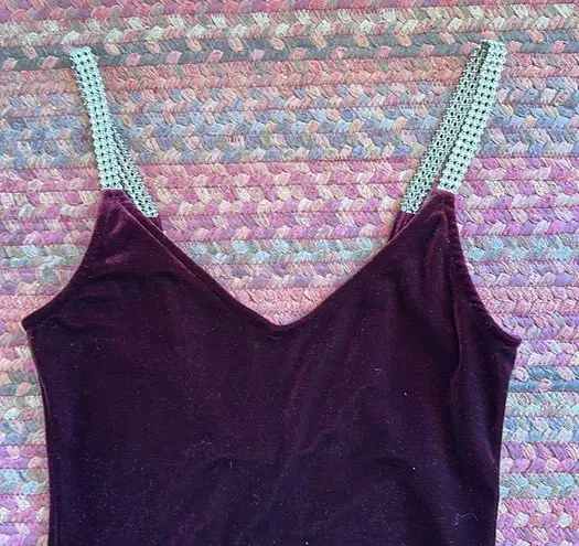 MAROON VELVET RHINESTONE STRAP BODYSUIT ONE PIECE Red
