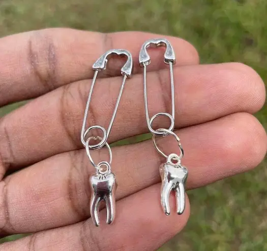 Handmade Unique Elegant Punk Gothic Style Tooth Safety Pin Design Hoop Earrings, Boho