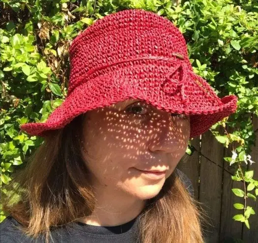 Scala  Wide Brim Straw Hat Sun Hat Red Summer hats Paper Crochet Vintage