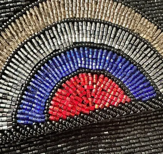 WALBORG VINTAGE METALLIC BEADED BLACK RED BLUE SILVER GOLDTONE HANDBAG CLUTCH
