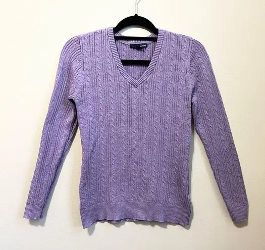 Basic Editions Light Purple V Neck Cable Knit Ribbed Long Sleeve Sweater M Size M
