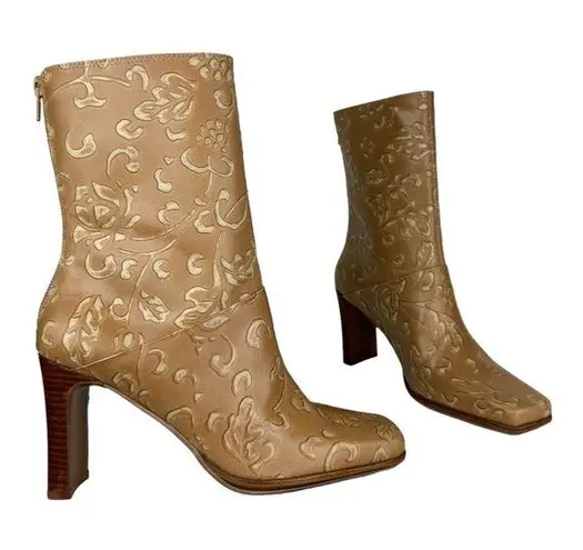 Amanda Smith NEW Y2K Leather Square Toe Heeled Boots Sz 6.5 Tan Floral