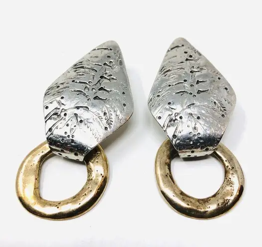 Hand tooled artisan sterling/brass earring, 19.6g