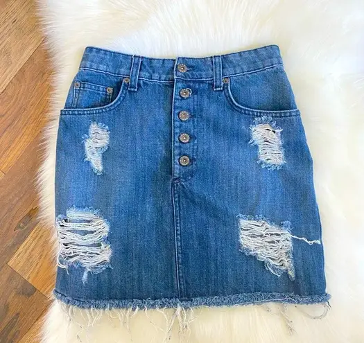 Carmar Ripped Raw Hem Distressed Button Front Denim Skirt Size 26