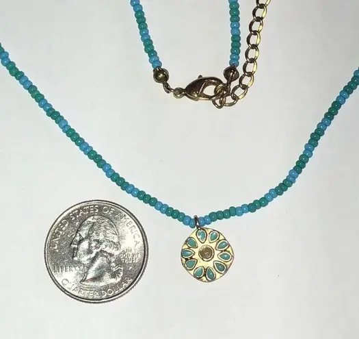 Blue Teal Green Seed Bead Beaded Dainty Flower Pendant Necklace