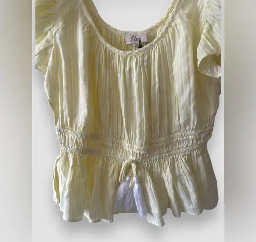 Elan Women’s Ruffle Sleeve Peplum Top Smocked Waist Tie Yellow Stripes Sm NWT