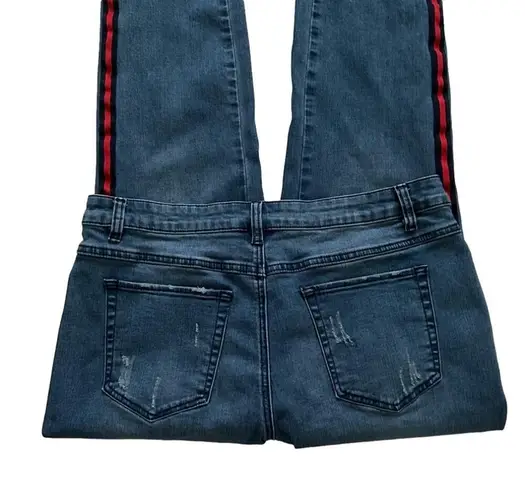 Tribal Jeans Distressed Stretch Raw Hem Side Red Stripe Ankle Jeans Size 12 Blue