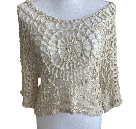 Pretty Angel  Women Silk Blend Top  M Ivory Crop Open Loop Design Chic Indi Boho