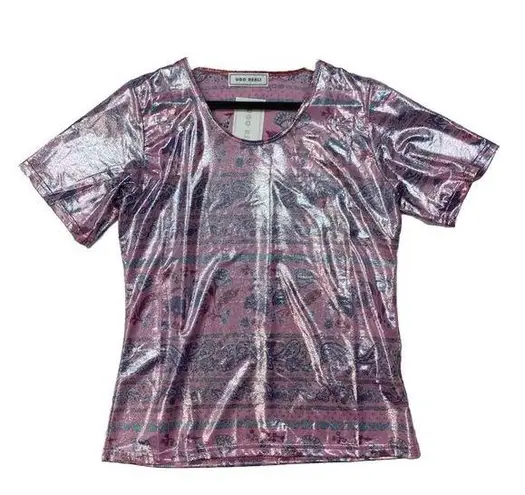 New Ugo Reali MIxed Print Short Sleeve Top Womens Sm? Pink Shiny Paisley France