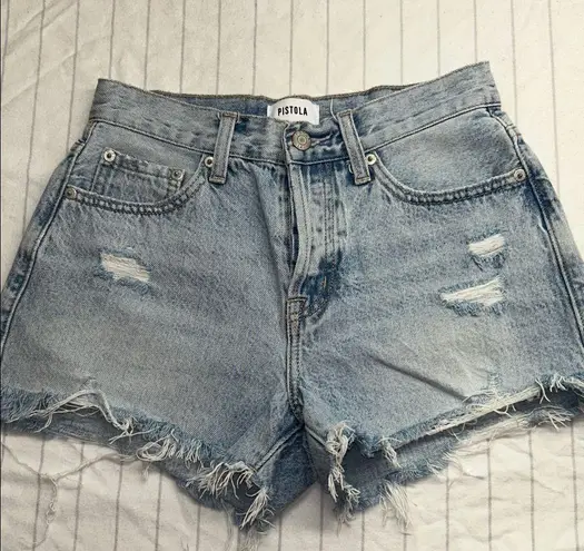 Pistola Women's Frayed Hem Jean Shorts - Light Blue, Distressed Shorts, Button