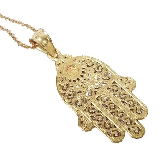 10k Yellow and White Gold Diamond Cut Filigree Hamsa Hand with 17” Chain - Image 2