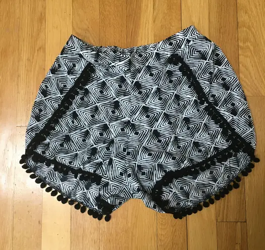 Orange Creek Black & White Print Shorts Pom Poms Small