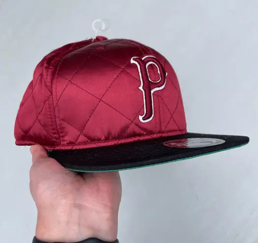 Premier Fits Vintage Rare P Maroon Satin Quilted Burgundy Snapback Hat