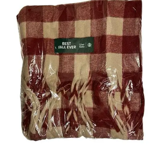 Starbucks Scarf Uber Eats x Red Beige Best Fall Ever Fringe Buffalo Plaid B2